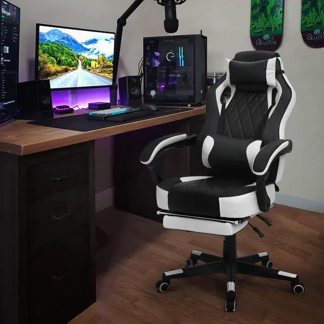 Alt view image 2 of 7 - Reclining Computer Chair with Footrest & Detachable Lumbar Support 360 Degree Swivel Racing Style PU Leather Computer Gaming Chair with Headrest for Home Bedroom Office, White