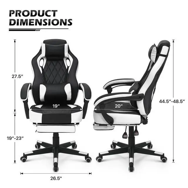 Alt view image 3 of 7 - Reclining Computer Chair with Footrest & Detachable Lumbar Support 360 Degree Swivel Racing Style PU Leather Computer Gaming Chair with Headrest for Home Bedroom Office, White