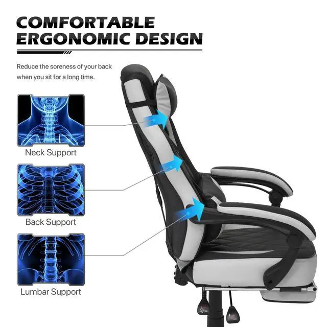 Alt view image 4 of 7 - Reclining Computer Chair with Footrest & Detachable Lumbar Support 360 Degree Swivel Racing Style PU Leather Computer Gaming Chair with Headrest for Home Bedroom Office, White