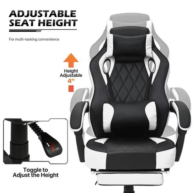 Alt view image 6 of 7 - Reclining Computer Chair with Footrest & Detachable Lumbar Support 360 Degree Swivel Racing Style PU Leather Computer Gaming Chair with Headrest for Home Bedroom Office, White