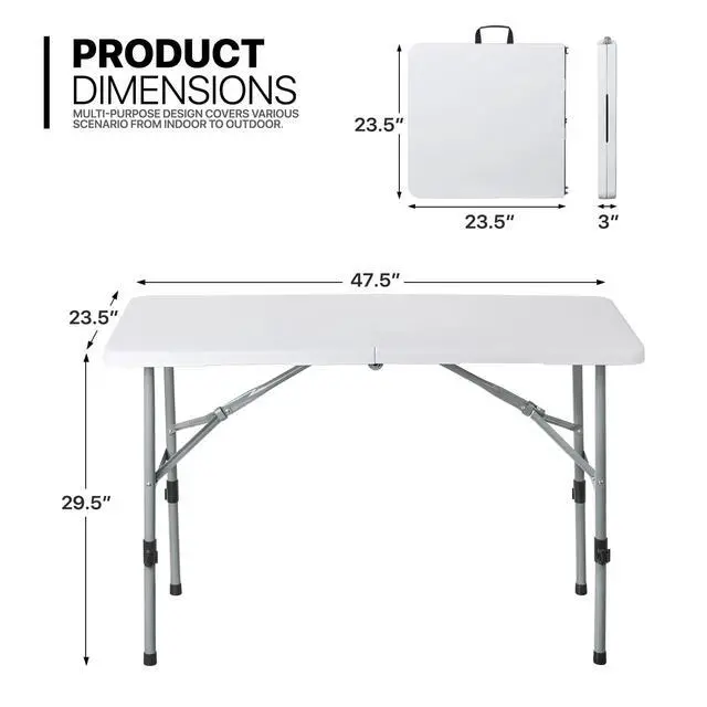 Alt view image 3 of 7 - 4Ft Folding Card Table Set, Outdoor Foldable Portable Plastic Dining Picnic Cookout Table w/Height Adjustable and Handle, Set of 5 White