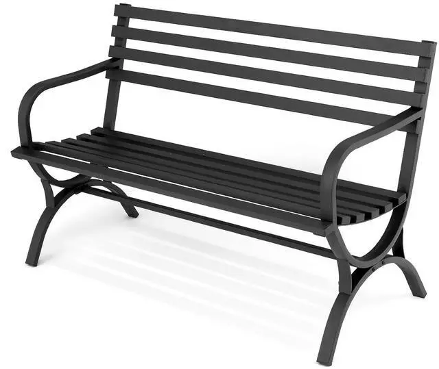 Main image of 50" Patio Bench for 2 Person, Metal Frame Patio Park Bench with Slatted Seat and Backrest, Arch Legs Outside Bench for Porch, Lawn and Garden, Black