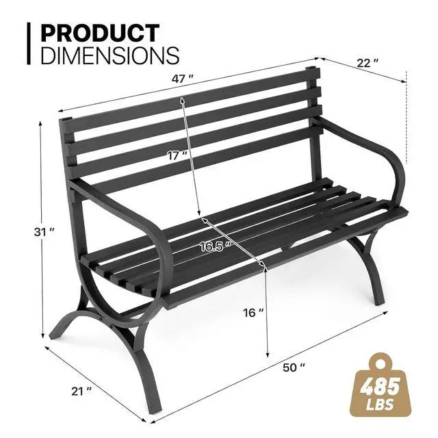 Alt view image 3 of 7 - 50" Patio Bench for 2 Person, Metal Frame Patio Park Bench with Slatted Seat and Backrest, Arch Legs Outside Bench for Porch, Lawn and Garden, Black