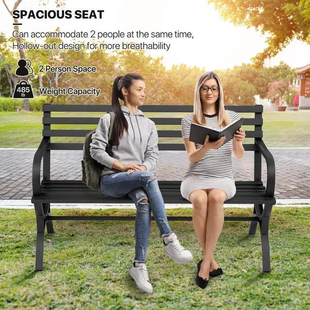 Alt view image 4 of 7 - 50" Patio Bench for 2 Person, Metal Frame Patio Park Bench with Slatted Seat and Backrest, Arch Legs Outside Bench for Porch, Lawn and Garden, Black