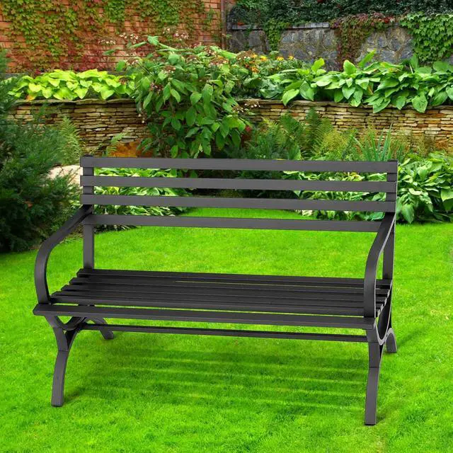 Alt view image 2 of 7 - 50" Patio Bench for 2 Person, Metal Frame Patio Park Bench with Slatted Seat and Backrest, Arch Legs Outside Bench for Porch, Lawn and Garden, Black