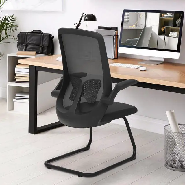 Alt view image 2 of 7 - Office Guest Chair Without Wheels, Executive Reception Chair with Lumbar Support and Sled Base, Mid-Back Mesh Task Chair with Flip-Up Arms for Reception Conference Wait Room, 250 LBS, Black