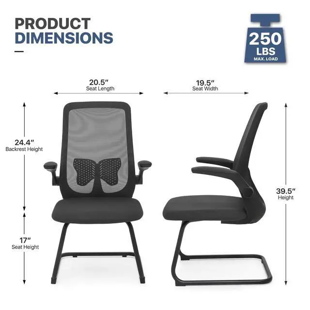 Alt view image 3 of 7 - Office Guest Chair Without Wheels, Executive Reception Chair with Lumbar Support and Sled Base, Mid-Back Mesh Task Chair with Flip-Up Arms for Reception Conference Wait Room, 250 LBS, Black
