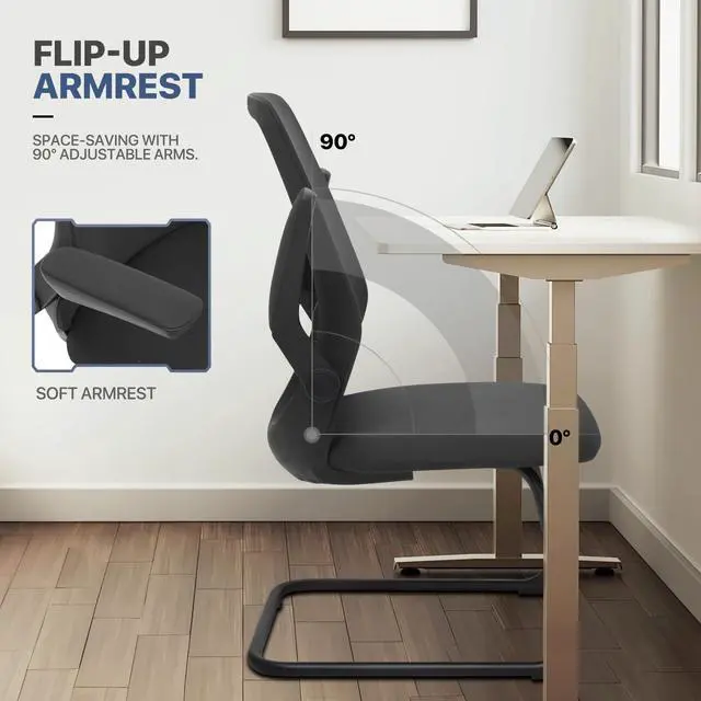 Alt view image 4 of 7 - Office Guest Chair Without Wheels, Executive Reception Chair with Lumbar Support and Sled Base, Mid-Back Mesh Task Chair with Flip-Up Arms for Reception Conference Wait Room, 250 LBS, Black