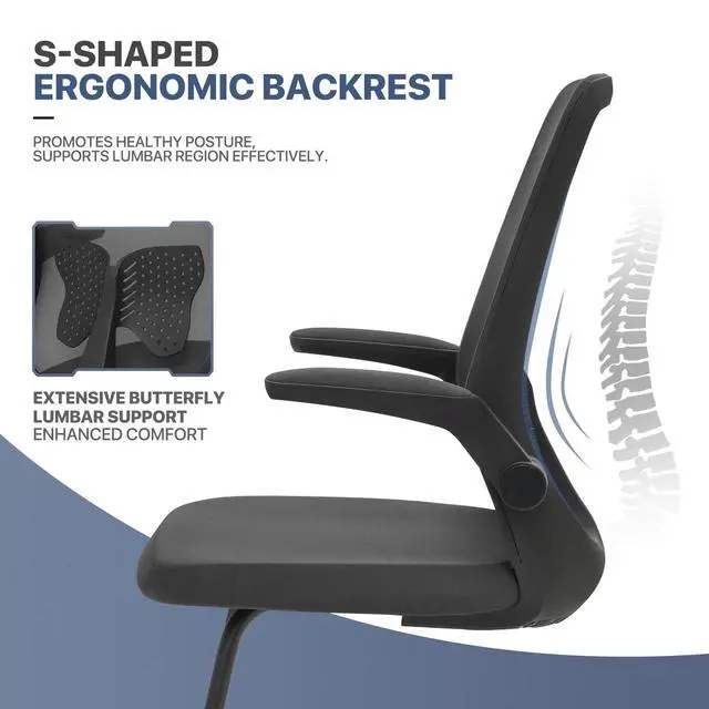 Alt view image 5 of 7 - Office Guest Chair Without Wheels, Executive Reception Chair with Lumbar Support and Sled Base, Mid-Back Mesh Task Chair with Flip-Up Arms for Reception Conference Wait Room, 250 LBS, Black
