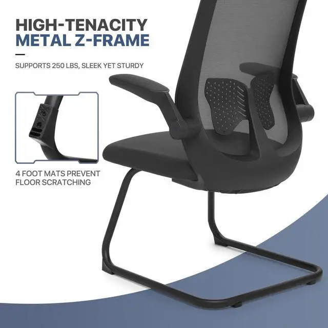 Alt view image 6 of 7 - Office Guest Chair Without Wheels, Executive Reception Chair with Lumbar Support and Sled Base, Mid-Back Mesh Task Chair with Flip-Up Arms for Reception Conference Wait Room, 250 LBS, Black