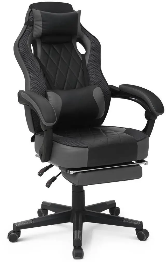 Main image of Ergonomic Gaming Chair with Retractable Footrest & Detachable Lumbar Support 360 Degree Swivel Racing Style PU Leather Computer Gaming Chair with Headrest for Home Bedroom Office, Gray