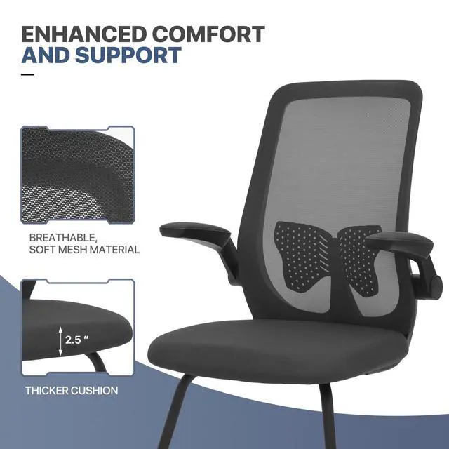 Alt view image 7 of 7 - Office Guest Chair Without Wheels, Executive Reception Chair with Lumbar Support and Sled Base, Mid-Back Mesh Task Chair with Flip-Up Arms for Reception Conference Wait Room, 250 LBS, Black