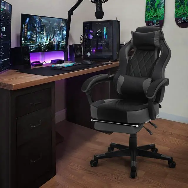 Alt view image 2 of 7 - Ergonomic Gaming Chair with Retractable Footrest & Detachable Lumbar Support 360 Degree Swivel Racing Style PU Leather Computer Gaming Chair with Headrest for Home Bedroom Office, Gray