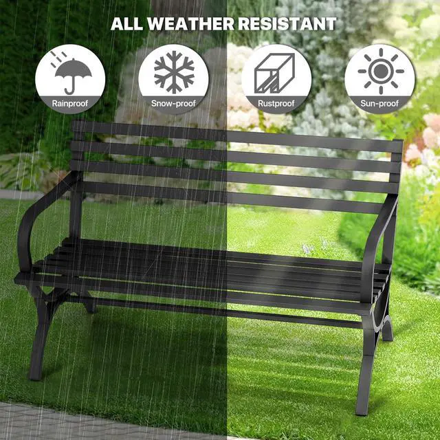Alt view image 5 of 7 - 50" Patio Bench for 2 Person, Metal Frame Patio Park Bench with Slatted Seat and Backrest, Arch Legs Outside Bench for Porch, Lawn and Garden, Black