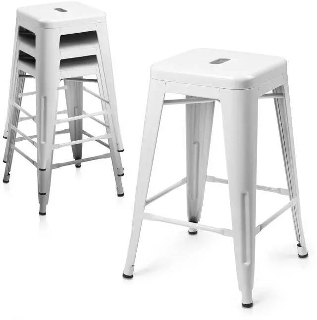 Main image of Metal Bar Stools Indoor, 24 Inch Industrial Backless Stackable Counter Stools w/Square Seat Patio Furniture for Outdoor, White, Set of 4