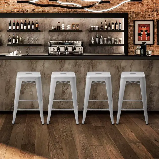 Alt view image 2 of 7 - Metal Bar Stools Indoor, 24 Inch Industrial Backless Stackable Counter Stools w/Square Seat Patio Furniture for Outdoor, White, Set of 4
