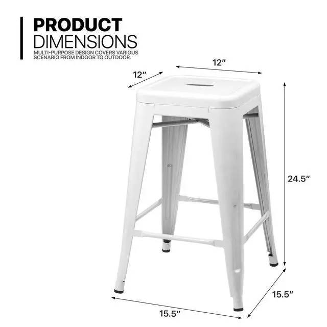 Alt view image 3 of 7 - Metal Bar Stools Indoor, 24 Inch Industrial Backless Stackable Counter Stools w/Square Seat Patio Furniture for Outdoor, White, Set of 4