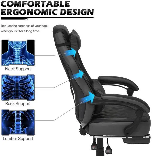 Alt view image 4 of 7 - Ergonomic Gaming Chair with Retractable Footrest & Detachable Lumbar Support 360 Degree Swivel Racing Style PU Leather Computer Gaming Chair with Headrest for Home Bedroom Office, Gray