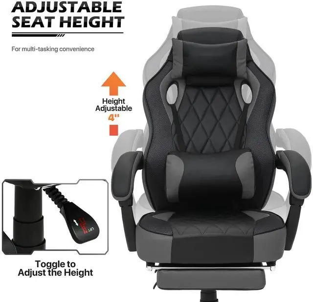 Alt view image 6 of 7 - Ergonomic Gaming Chair with Retractable Footrest & Detachable Lumbar Support 360 Degree Swivel Racing Style PU Leather Computer Gaming Chair with Headrest for Home Bedroom Office, Gray
