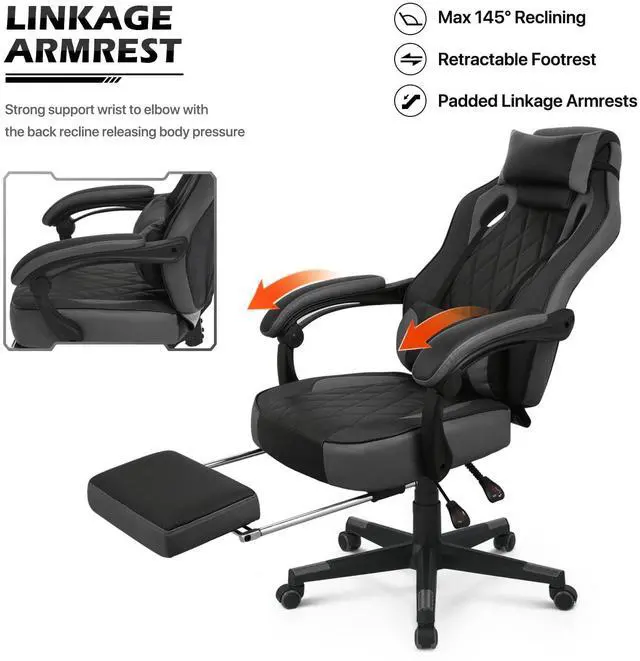 Alt view image 7 of 7 - Ergonomic Gaming Chair with Retractable Footrest & Detachable Lumbar Support 360 Degree Swivel Racing Style PU Leather Computer Gaming Chair with Headrest for Home Bedroom Office, Gray