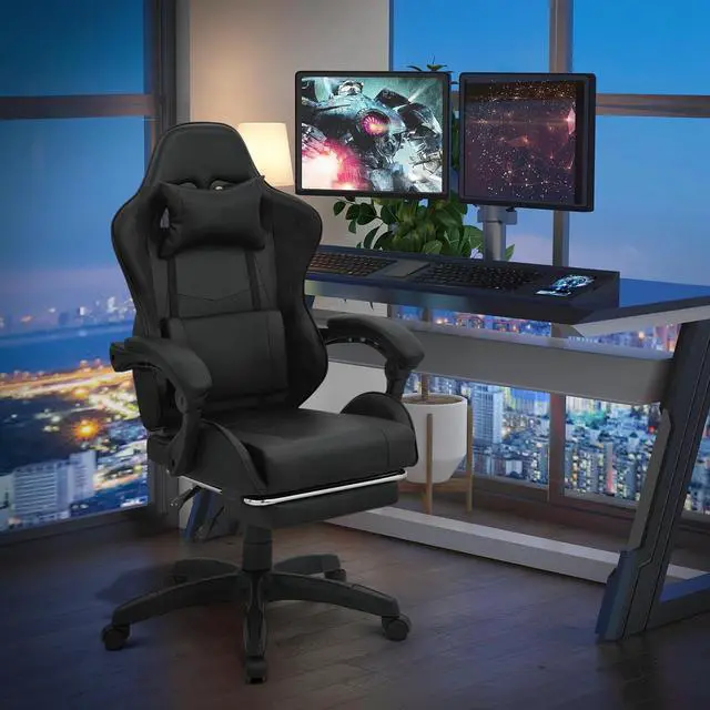Alt view image 2 of 7 - Gaming Chair with Footrest, Ergonomic High Back Leather Gamer Chair, Adjustable Height & Recline Swivel Office Chair for Office & Gaming, Teens & Adults (Black)