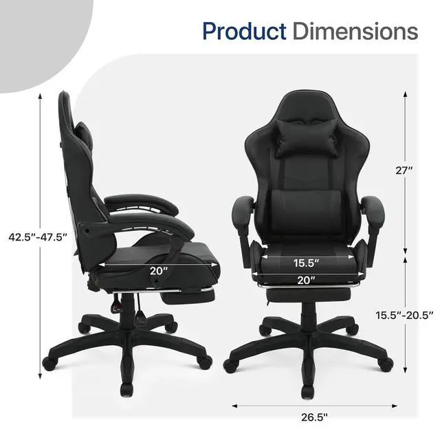 Alt view image 3 of 7 - Gaming Chair with Footrest, Ergonomic High Back Leather Gamer Chair, Adjustable Height & Recline Swivel Office Chair for Office & Gaming, Teens & Adults (Black)