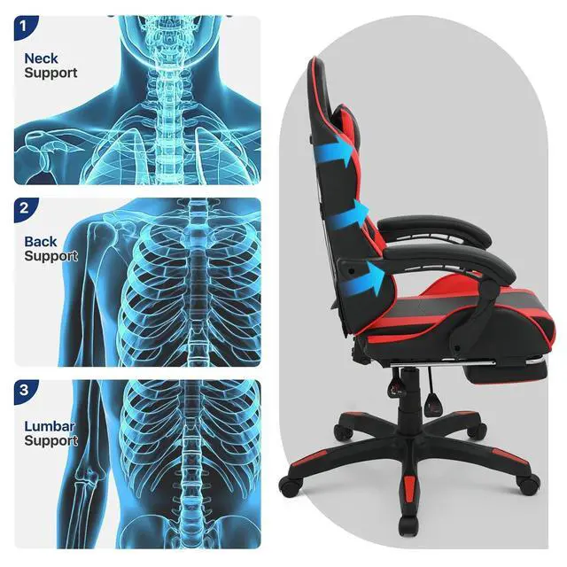 Alt view image 4 of 7 - Gaming Chair with Footrest, Ergonomic High Back Leather Gamer Chair, Adjustable Height & Recline Swivel Office Chair for Office & Gaming, Teens & Adults (Black)