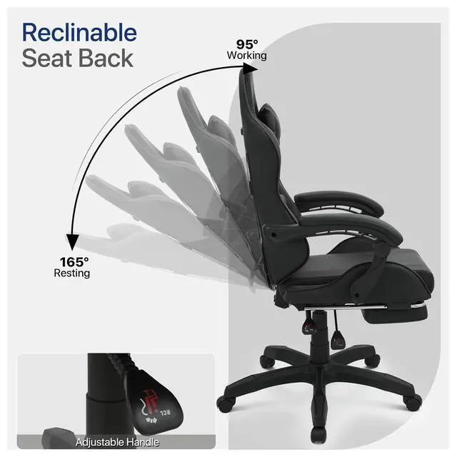 Alt view image 5 of 7 - Gaming Chair with Footrest, Ergonomic High Back Leather Gamer Chair, Adjustable Height & Recline Swivel Office Chair for Office & Gaming, Teens & Adults (Black)