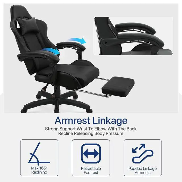Alt view image 7 of 7 - Gaming Chair with Footrest, Ergonomic High Back Leather Gamer Chair, Adjustable Height & Recline Swivel Office Chair for Office & Gaming, Teens & Adults (Black)