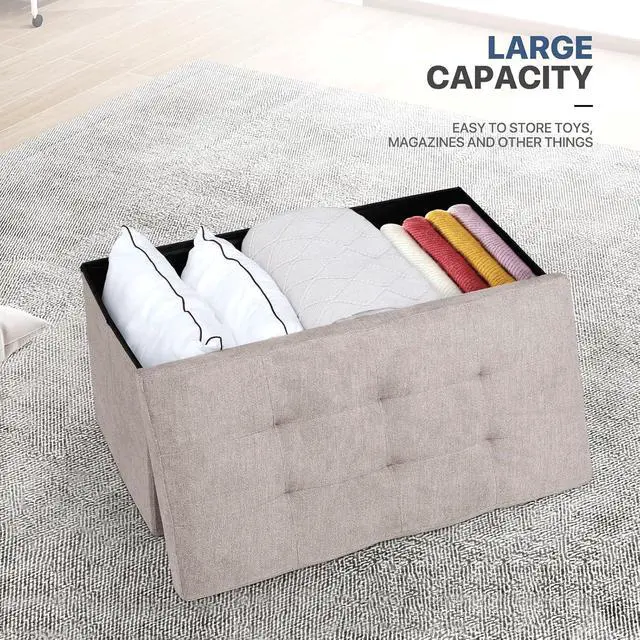 Alt view image 3 of 5 - 30 Inches Storage Ottoman Bench, Rectangle End of Bed Bench, Storage Padded Seat, Linen Fabric Ottoman Footrest for Living Room, Bedroom, Entryway, Sandy Beige