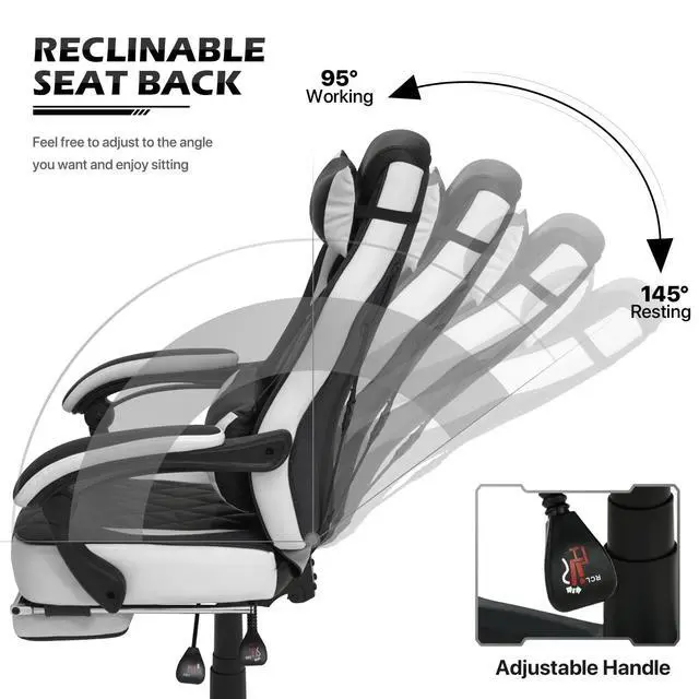Alt view image 5 of 7 - Reclining Computer Chair with Footrest & Detachable Lumbar Support 360 Degree Swivel Racing Style PU Leather Computer Gaming Chair with Headrest for Home Bedroom Office, White