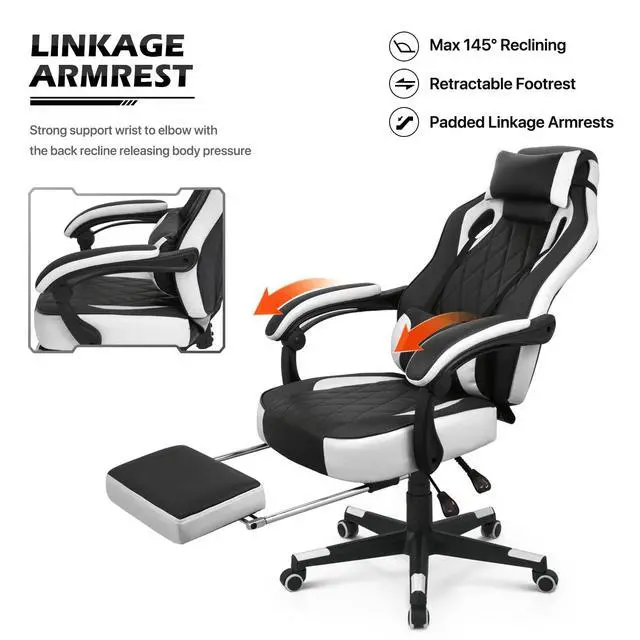 Alt view image 7 of 7 - Reclining Computer Chair with Footrest & Detachable Lumbar Support 360 Degree Swivel Racing Style PU Leather Computer Gaming Chair with Headrest for Home Bedroom Office, White