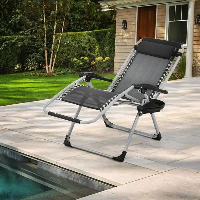 Alt view image 2 of 7 - Reinforced Zero Gravity Chair, Folding Pool Beach Lounger, Portable Tanning Chaise with Cushion, Headrest and Side Tray, 330lbs Capacity - Black