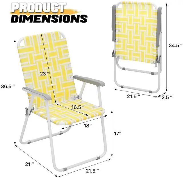 Alt view image 3 of 7 - Folding Lawn Beach Chair for Adults Portable Lightweight Heavy-Duty Steel Frame Lounge Camping Chairs for Patio Yard Garden Backyard Outdoor (Lemon Yellow, 2-Pack)