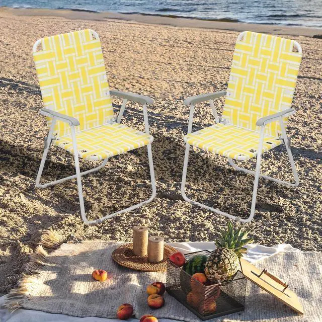 Alt view image 4 of 7 - Folding Lawn Beach Chair for Adults Portable Lightweight Heavy-Duty Steel Frame Lounge Camping Chairs for Patio Yard Garden Backyard Outdoor (Lemon Yellow, 2-Pack)