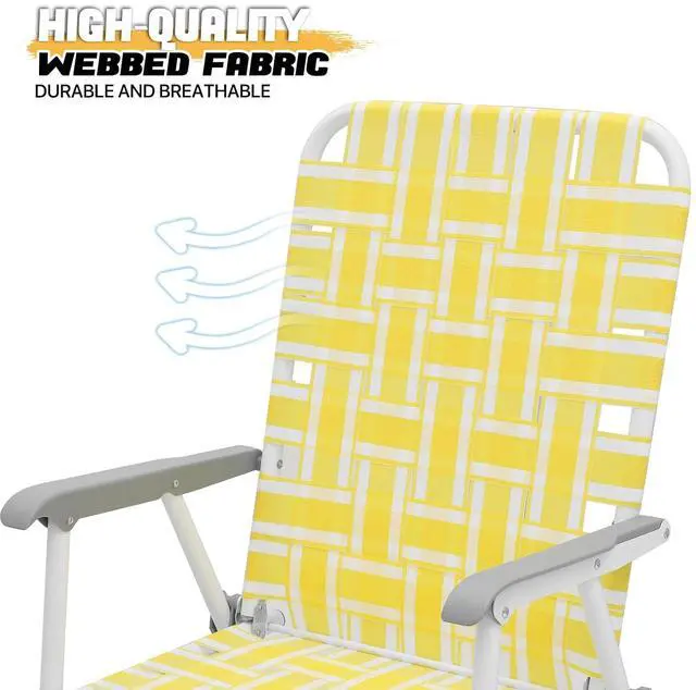 Alt view image 5 of 7 - Folding Lawn Beach Chair for Adults Portable Lightweight Heavy-Duty Steel Frame Lounge Camping Chairs for Patio Yard Garden Backyard Outdoor (Lemon Yellow, 2-Pack)
