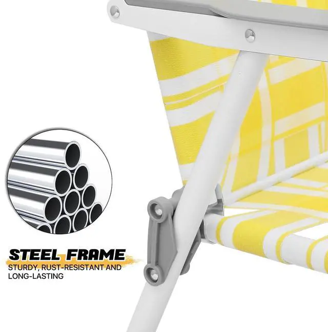 Alt view image 6 of 7 - Folding Lawn Beach Chair for Adults Portable Lightweight Heavy-Duty Steel Frame Lounge Camping Chairs for Patio Yard Garden Backyard Outdoor (Lemon Yellow, 2-Pack)