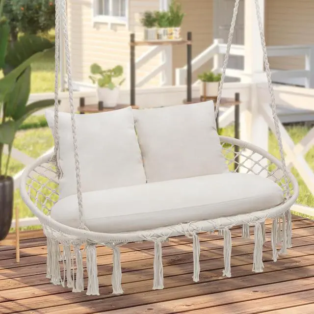 Main image of Double Hammock Chair for Indoor & Outdoor Use, Durable Woven Cotton Ropes & Iron Frame, Comfortable Seating for Patio Garden and Porch, 700 lbs Capacity, White