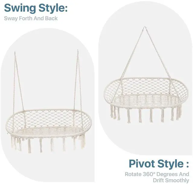 Alt view image 3 of 5 - Double Hammock Chair for Indoor & Outdoor Use, Durable Woven Cotton Ropes & Iron Frame, Comfortable Seating for Patio Garden and Porch, 700 lbs Capacity, White