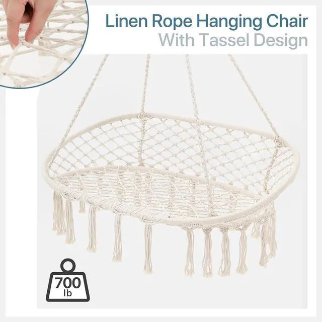 Alt view image 4 of 5 - Double Hammock Chair for Indoor & Outdoor Use, Durable Woven Cotton Ropes & Iron Frame, Comfortable Seating for Patio Garden and Porch, 700 lbs Capacity, White