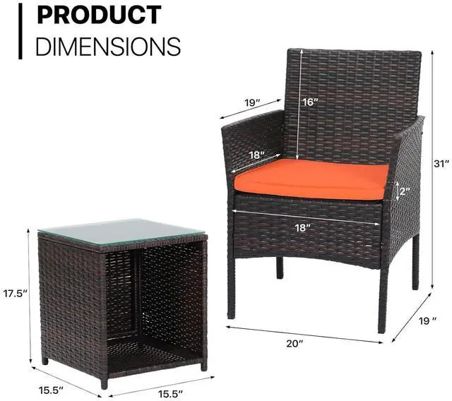 Alt view image 2 of 7 - 3 Pieces Outdoor Patio Furniture Set PE Rattan Wicker All Weather Chairs and Glass Table for Garden Backyard Balcony Deck Porch Pool Yard Lawn, Orange