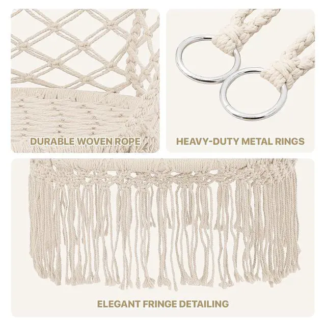 Alt view image 5 of 7 - Macrame Hanging Swing Chair with Cushions, Boho Style Cotton Rope Mesh Hammock Chair with Tassels Max 350 lbs for Indoor/Outdoor Macrame Swing for Living Room, Porch, and Patio