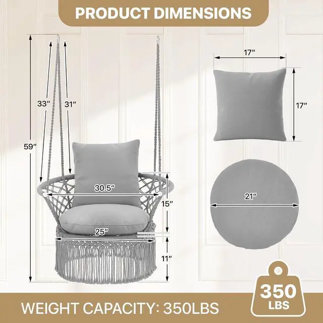 Alt view image 2 of 7 - Macrame Hanging Swing Chair, Boho Style Cotton Rope Hammock Chair w/Tassels Max 350 lbs for Bedroom, Living Room, Porch, Balcony, Gray