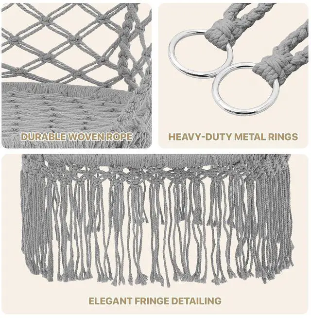 Alt view image 5 of 7 - Macrame Hanging Swing Chair, Boho Style Cotton Rope Hammock Chair w/Tassels Max 350 lbs for Bedroom, Living Room, Porch, Balcony, Gray