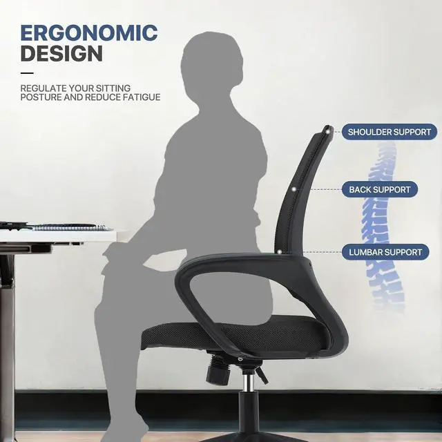 Alt view image 6 of 7 - Mesh Office Chair, Ergonomic Computer Chair for Adults, Rolling Swivel Mid-Back Desk Chair with Lumbar Support, Comfy Armrest for Home Office, Gaming, Black