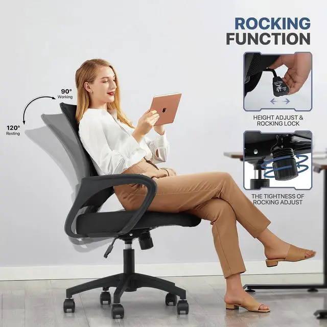 Alt view image 7 of 7 - Mesh Office Chair, Ergonomic Computer Chair for Adults, Rolling Swivel Mid-Back Desk Chair with Lumbar Support, Comfy Armrest for Home Office, Gaming, Black