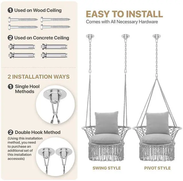 Alt view image 6 of 7 - Macrame Hanging Swing Chair, Boho Style Cotton Rope Hammock Chair w/Tassels Max 350 lbs for Bedroom, Living Room, Porch, Balcony, Gray