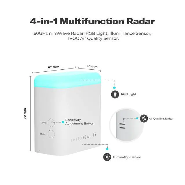 Alt view image 2 of 7 - Smart Presence Sensor R3, 60GHz mmWave Radar, USB-C Powered, RGB Light with Status Indication, Illumination Sensor, Zigbee Repeater, Compatible with Home Assistant(ZHA&Z2M), SmartThings