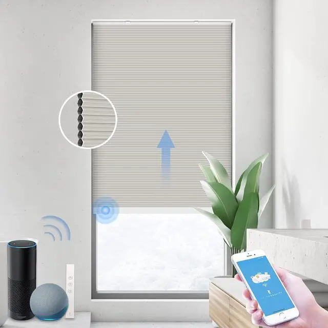 Main image of ZigBee Smart Blind, Motorized Blackout Window Shades with Remote, Cordless Honeycomb Blinds, Automatic Height Setting, AA Batteries Powered, 21" W x 72" H Beige/White