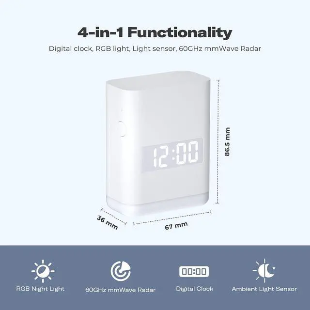 Alt view image 2 of 7 - Muti-Function Presence Sensor TL2,Digital Clock,60GHz mmWave Radar,RGB Light, Light Sensor,Countdown Timer,Matter Enabled,2.4GHz WiFi only,Works with Alexa, Apple Home,Google Home